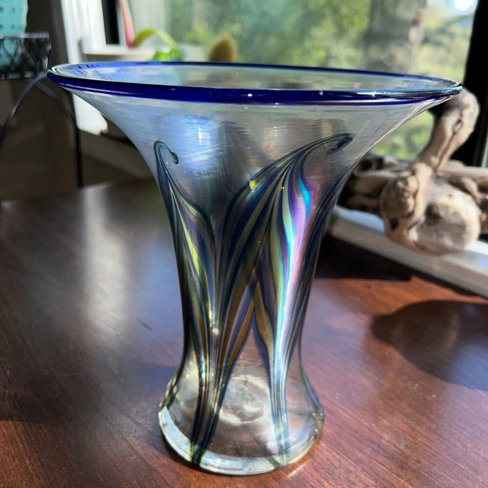 Vintage 1984 Art Glass hand blown Signed Iridescent Modern design Tall Vase